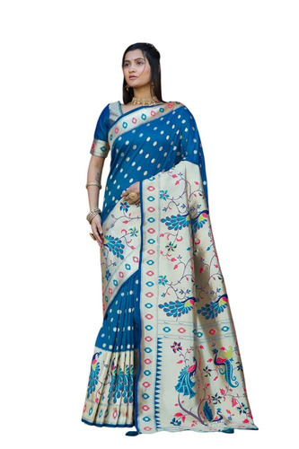Blue Pure Paithani Jacquard Silk Saree - 6.3 Meter Silk, Blue, Machine Wash | Wedding, Winter, Women, Unstitched Blouse