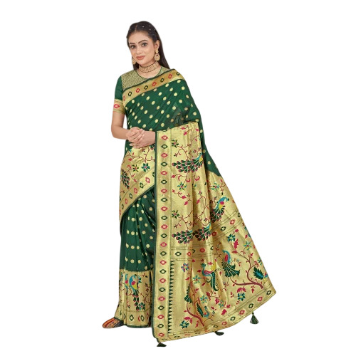 Green Pure Paithani Jacquard Silk Saree - Silk, 6.3 Meters, Green | Wedding, Dola Silk, Winter, Women