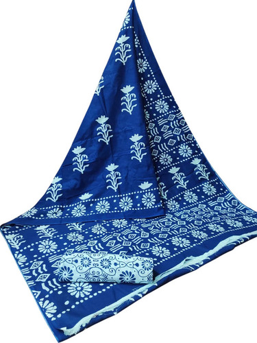 Indigo Blue Cotton Mulmul Saree - Cotton, 6.5 Meter, 44 Inches | Hand Work, Block Print, Running Blouse, Summer Wear