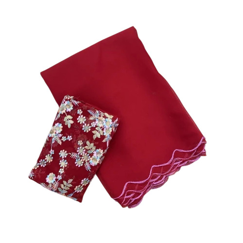 Red Pure Georgette Saree With Designer Blouse - Georgette, Red, Unstitched Blouse | Floral Embroidered, Party Wear, Winter