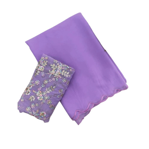 Violet Pure Georgette Saree With Designer Blouse - Georgette Violet Unstitched | Embroidered Floral Blouse Party Wear Machine Wash