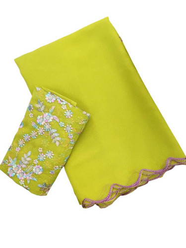 Yellow Pure Georgette Saree With Designer Blouse - Georgette, Yellow, Unstitched Blouse Piece, Embroidered Floral Pattern | Women, Party Wear, Chiffon, Winter
