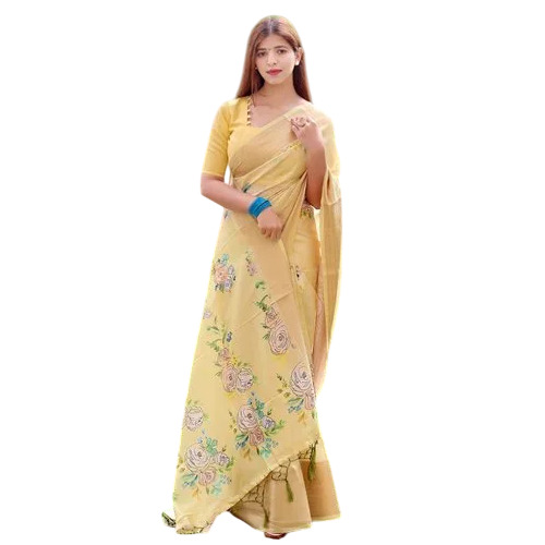 Yellow Soft Silk Printed Saree