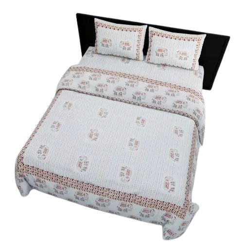 White Jaipuri Printed King Size Bed Sheet