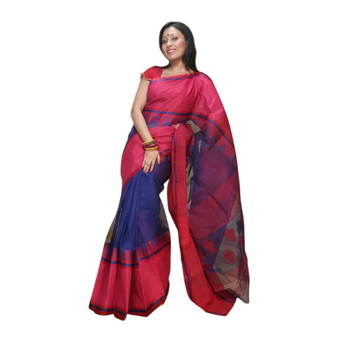 Hand Woven Tangail Sarees - Color: Red & Blue