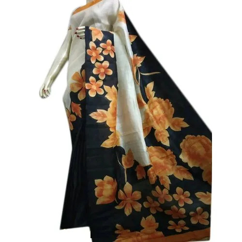 Printed Pure Silk Saree - 6.3 Meter With Blouse Piece, Multicolor Printed Bangali Style