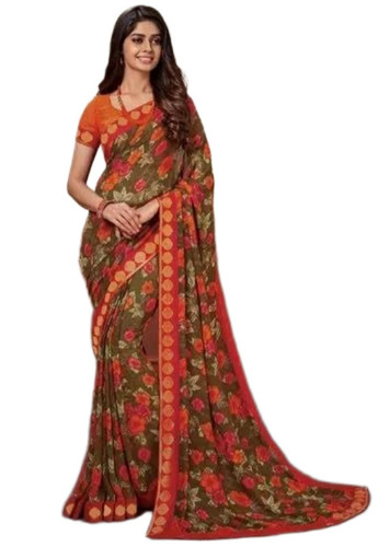 Printed Sarees - Georgette 5.50 Meters Mehendi Green, Lightweight Quick Dry, Neatly Stitched