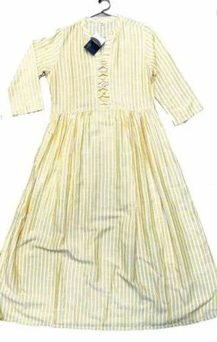 Ladies Rayon Long 3/4th Sleeve Kurti - Lemon Yellow, Regular Fit, Striped | Breathable, Anti UV, Quick Dry, Comfortable Fit