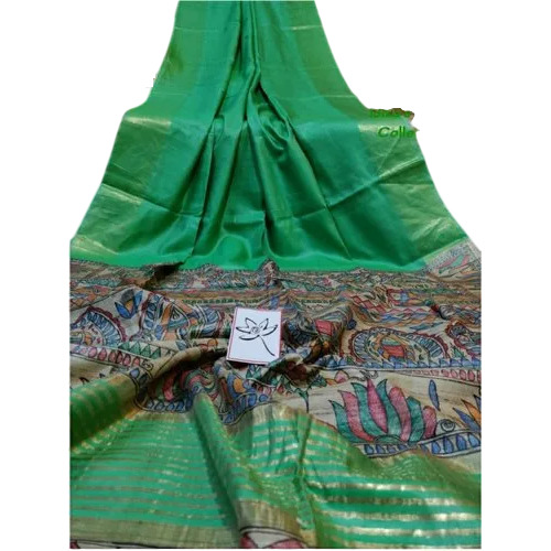 Green Tussar Staple Saree With Madhubani Hand Painting - Gender: Women