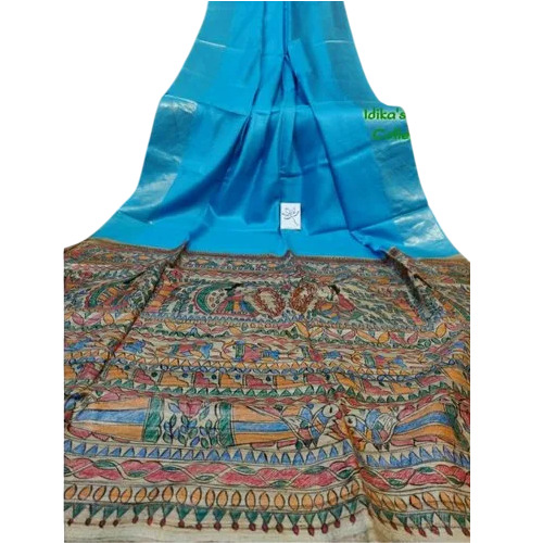 Sky Blue Tussar Staple Saree With Madhubani Hand Painting - Gender: Women
