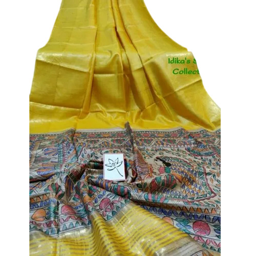 Yellow Tussar Staple Saree With Madhubani Hand Painting - Gender: Women