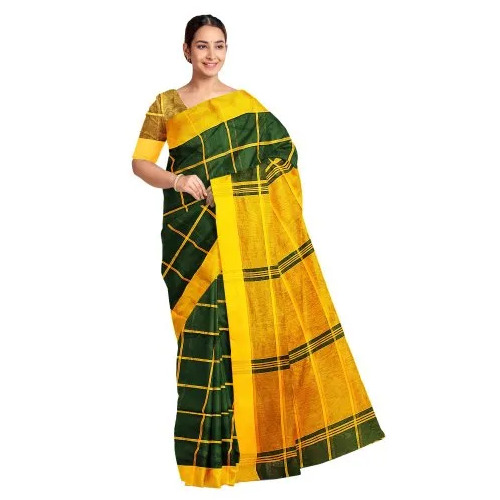 Green & Yellow Cotton Silk Handloom Checks Saree