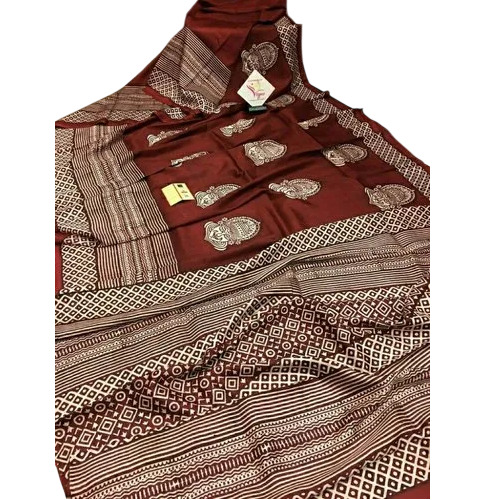 Hand Block Printed 3 Ply Murshidabad Silk Saree