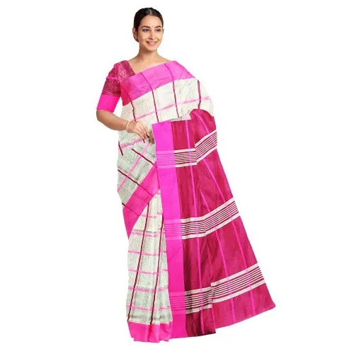 Pink & White Cotton Silk Handloom Checks Saree