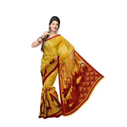 Yellow & Brown Chiffon Georgette Printed Sarees