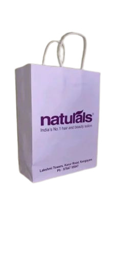 White Kraft Paper Shopping Bag - 2kg Capacity, White, Handled | Biodegradable, Moisture Proof, Recyclable, Printed Design