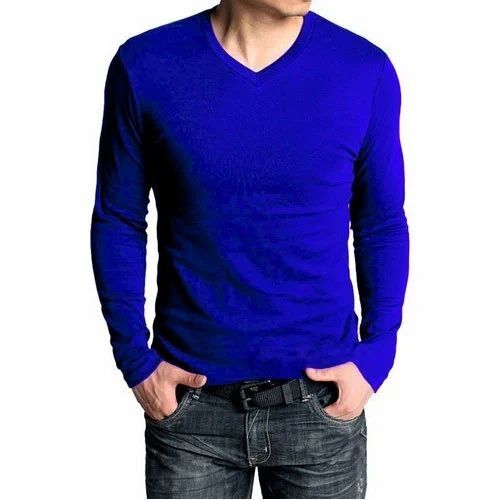 Mens Plain Full Sleeve T Shirt - Cotton, Various Sizes, Blue | V-Neck, Lightweight, Quick Dry, Comfortable Fit
