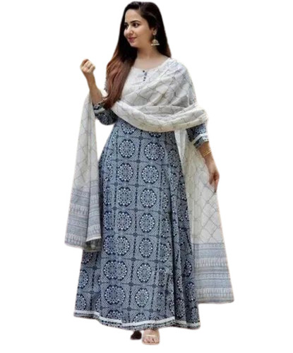 Designer Jaipuri Cotton Kurti - Regular Fit Blue 3/4th Sleeves Printed | Breathable Anti UV Anti Wrinkle Quick Dry Comfortable Fit