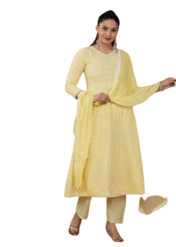 Ladies Yellow Chikankari Kurti - Slim Fit Printed Cotton Blend, 3/4th Sleeves, Breathable, Quick Dry, Anti Wrinkle, Comfortable Fit