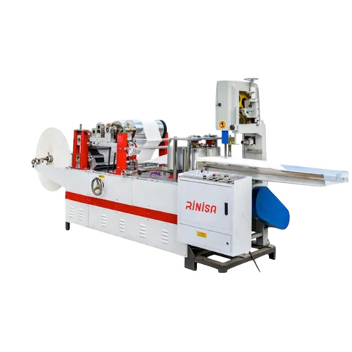 Three Phase Automatic Rinisa Napkin Making Machine - Mild Steel White 5 kW 480 V PLC Control | 100000 Pieces Per Day 1 Year Warranty