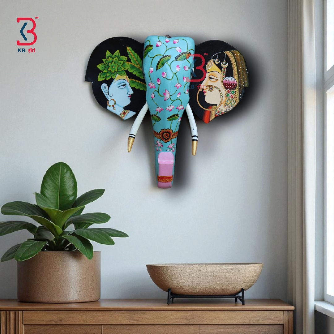 15 Inch Handcrafted Painted Wooden Elephant Head Radha Krishna Wall Hanging - Color: Multicolor