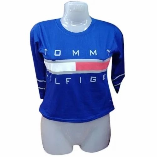 3/4th Sleeve Crop Top - Hosiery Large Blue, Printed, Round Neck | Women Summer Casual