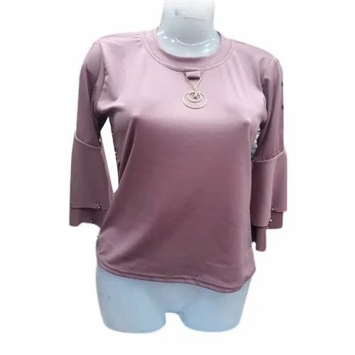 Full Sleeve Ladies Crop Top - Polyester Fabric, Grey, Round Neck | Women, Summer, Casual
