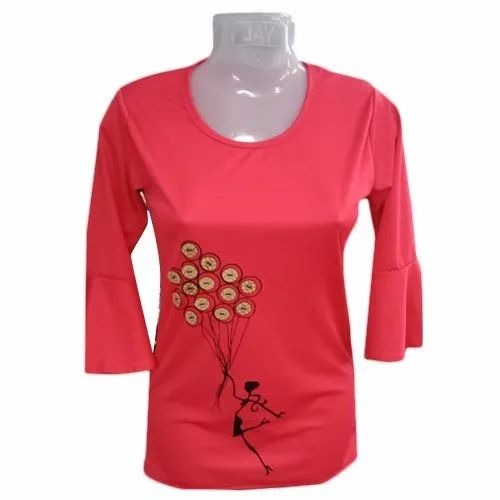 Jurick Round Neck Ladies Top - Jurick Fabric, Large, Red, 3/4th Sleeve | Women, Summer, Casual