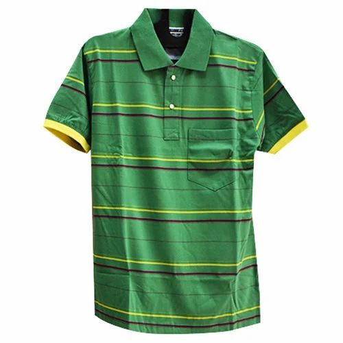 Men Fancy Half Sleeve T Shirt - Cotton, Various Sizes, Green Striped, V-Neck | Lightweight, Soft, Breathable, Quick Dry, Comfortable Fit