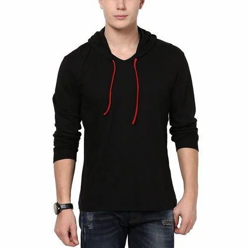 Mens Black Hooded T Shirt