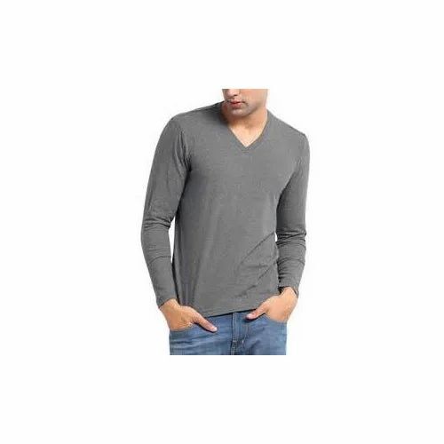 Mens Cotton V Neck T Shirt - Full Sleeves, Grey, Various Sizes | Lightweight, Soft, Breathable, Quick Dry Comfortable Fit