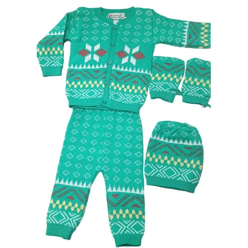 Sea Green Printed Woolen Kids Baba Suit Set