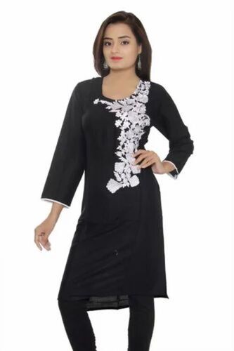 Embroidery Kurti - Cotton, 3/4 Sleeve, Black | Breathable, Anti UV, Quick Dry, Comfortable Fit, Plus Size