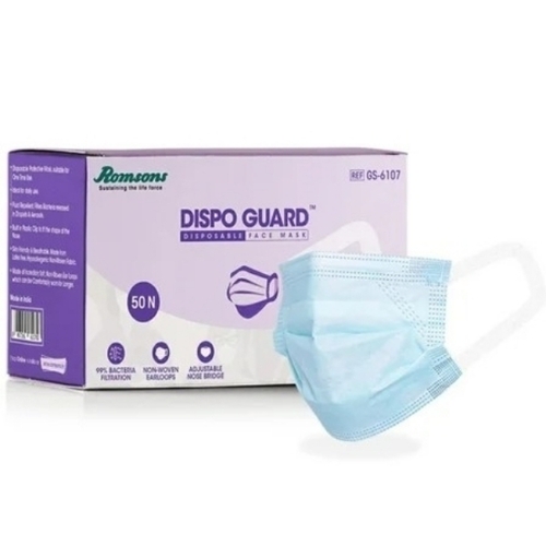 Romsons Dispo Gaurd Face Mask - Non Woven Free Size Blue, Breathable Fabric, Adjustable Nose, Ear Loop