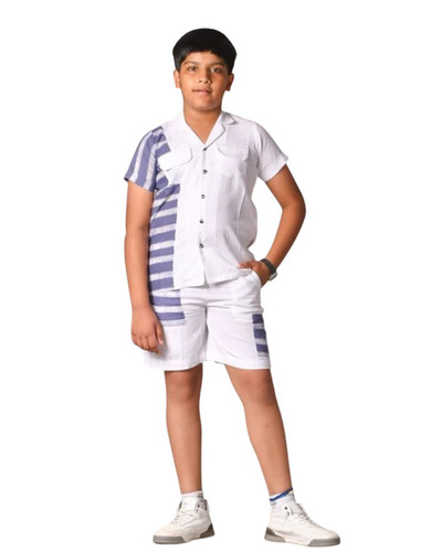 Double Color Mix Kids Shirt Short Set - Cotton, Regular Fit, White & Blue | Boys, Stripes, Half Sleeves, Summer, Casual Wear