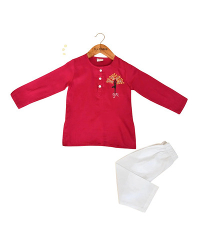 Kids Boys Cotton Kurta Pajama - Optimum Grade, Red & White, Foil Print | Breathable, Long Sleeve, Round Neck, Short Kurta