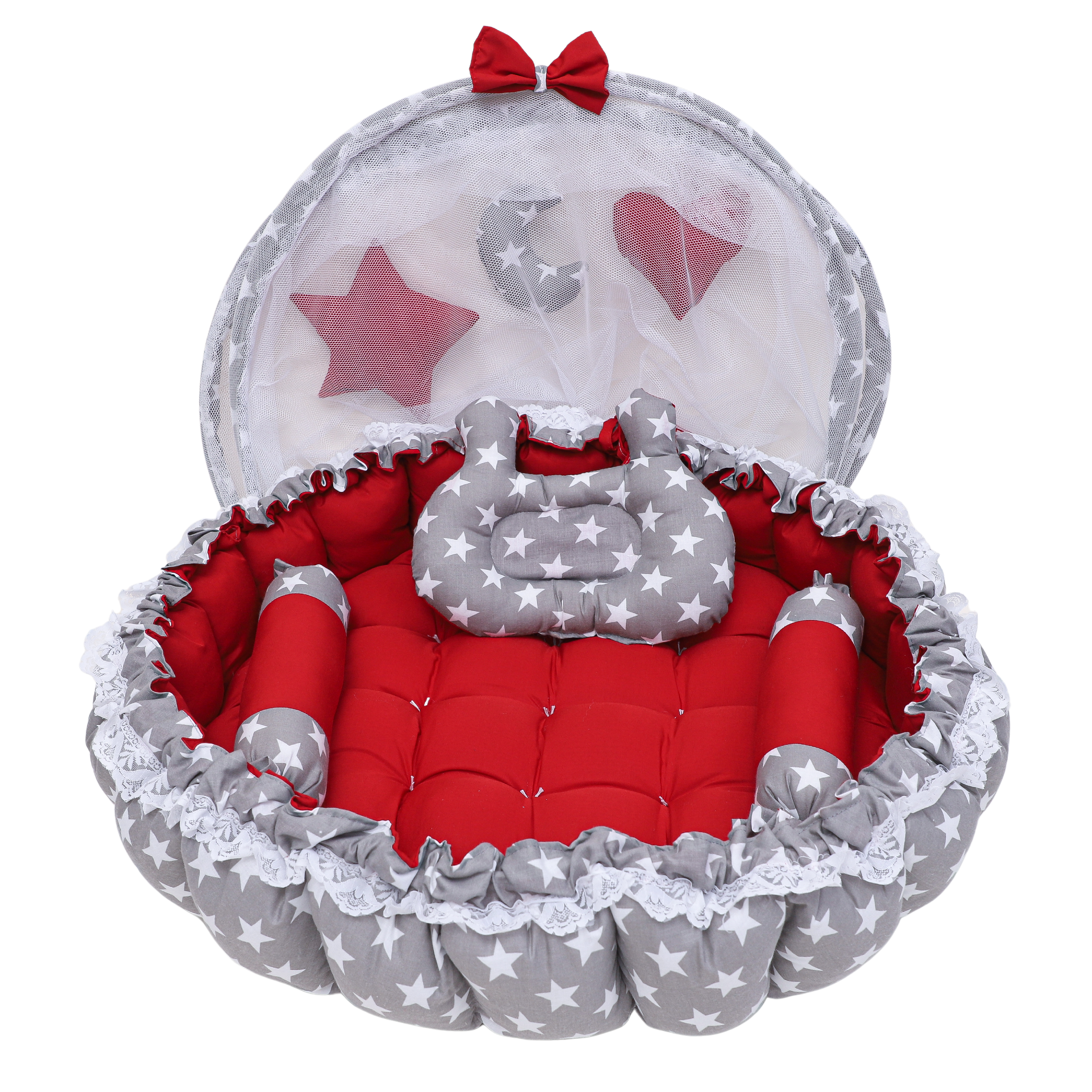 Lorem Multicolor 3 Pillow With Protection Net Cotton Baby Bed For 0-1 Year - Color: Grey & Red