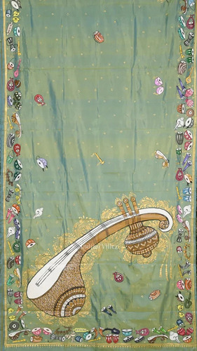 Green Dual Tone Pattachitra Mulberry Silk Saree - Mulberry Silk, 6.3 Meters, Green | Hand-Painted, Sitar Design, Party Wear