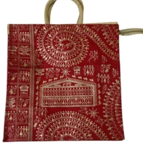 Jute Carry Bags - Lightweight Maroon Rectangular, Hand-Length Handle, Printed, Reusable Durable Design
