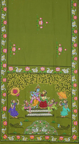 Krishna Rasa Leela & Lotus Theme Hand Painted Pattachitra Khadi Silk Saree - Silk, 6.3 Meters, Mehendi Green | Festive Winter Wear, Women's Indian Style
