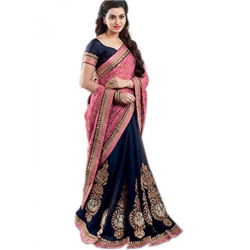 Ladies Partywear Saree - Georgette, 5.5 Meters, Navy Blue Pink | Women, Winter, Other Indian Style