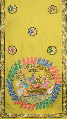 Lemon Yellow Radha Krishna Hand Painted Mulberry Silk Saree