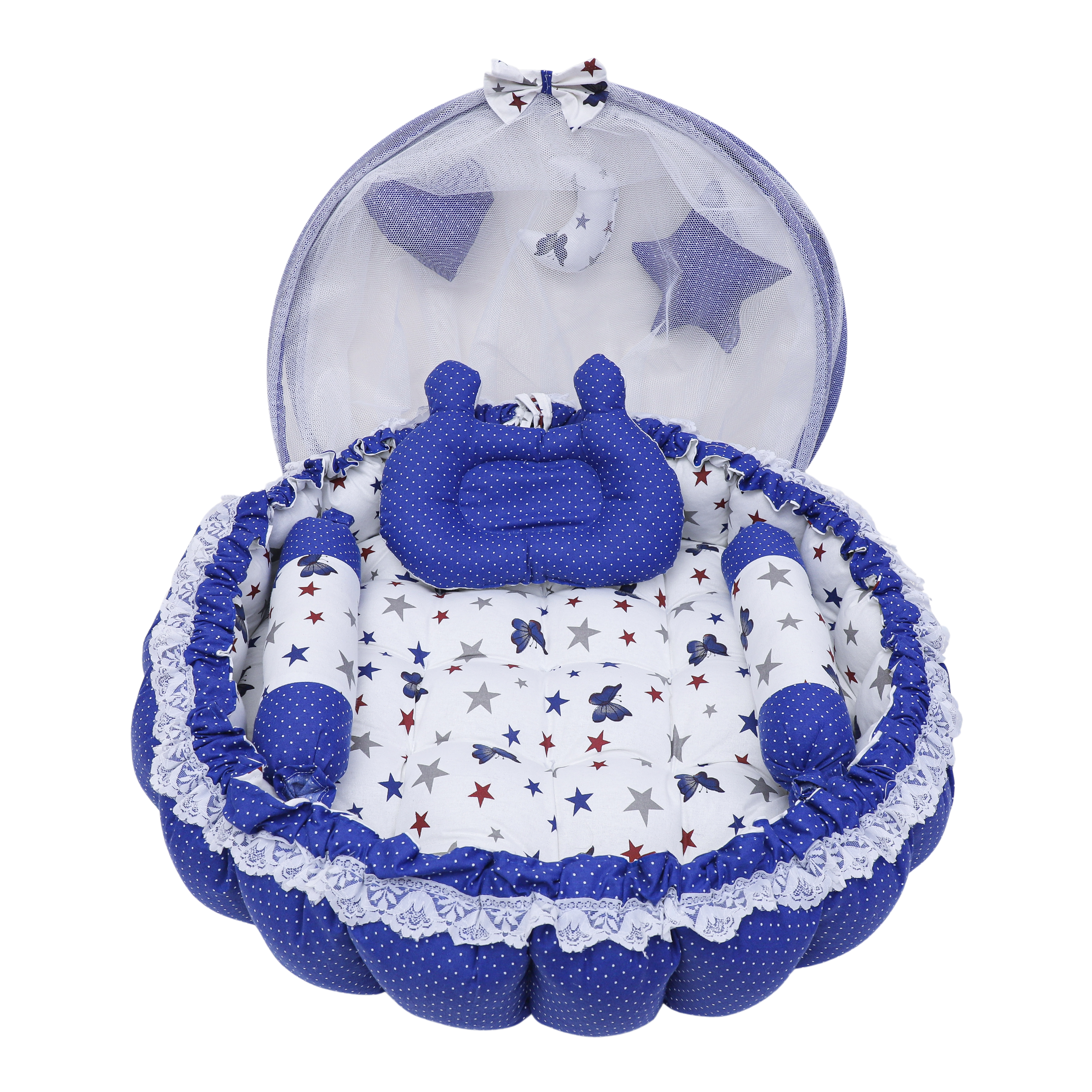 Lorem Blue 3 Pillow With Mosquito Protection Net & Round Cotton Baby Bed For 0-1 Year Bb20 - Frame Material: Flexible Fiber Frame