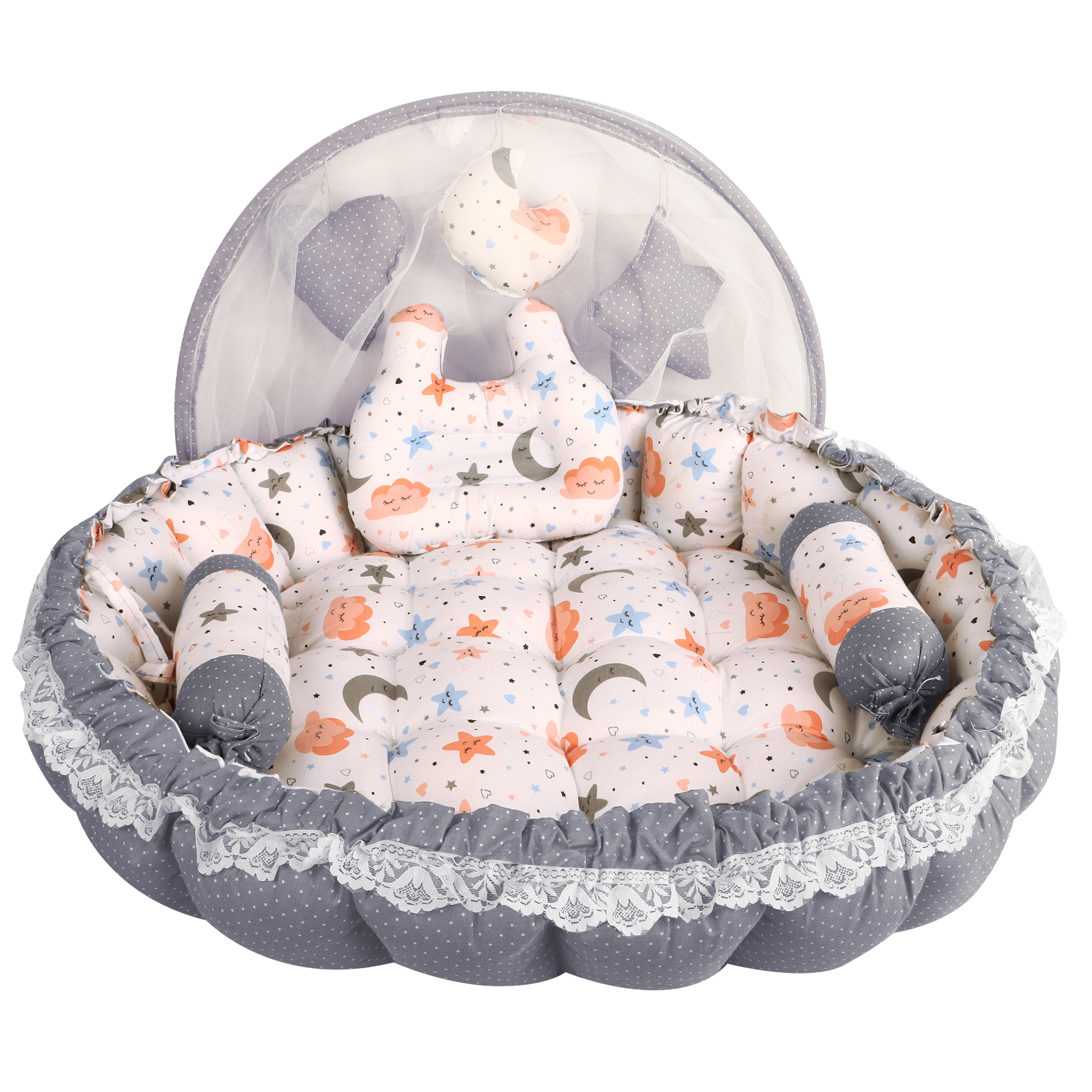 Lorem Grey 3 Pillow With Mosquito Protection Net & Round Cotton Baby Bed For 0-1 Year Bb22 - Application Areas: Home