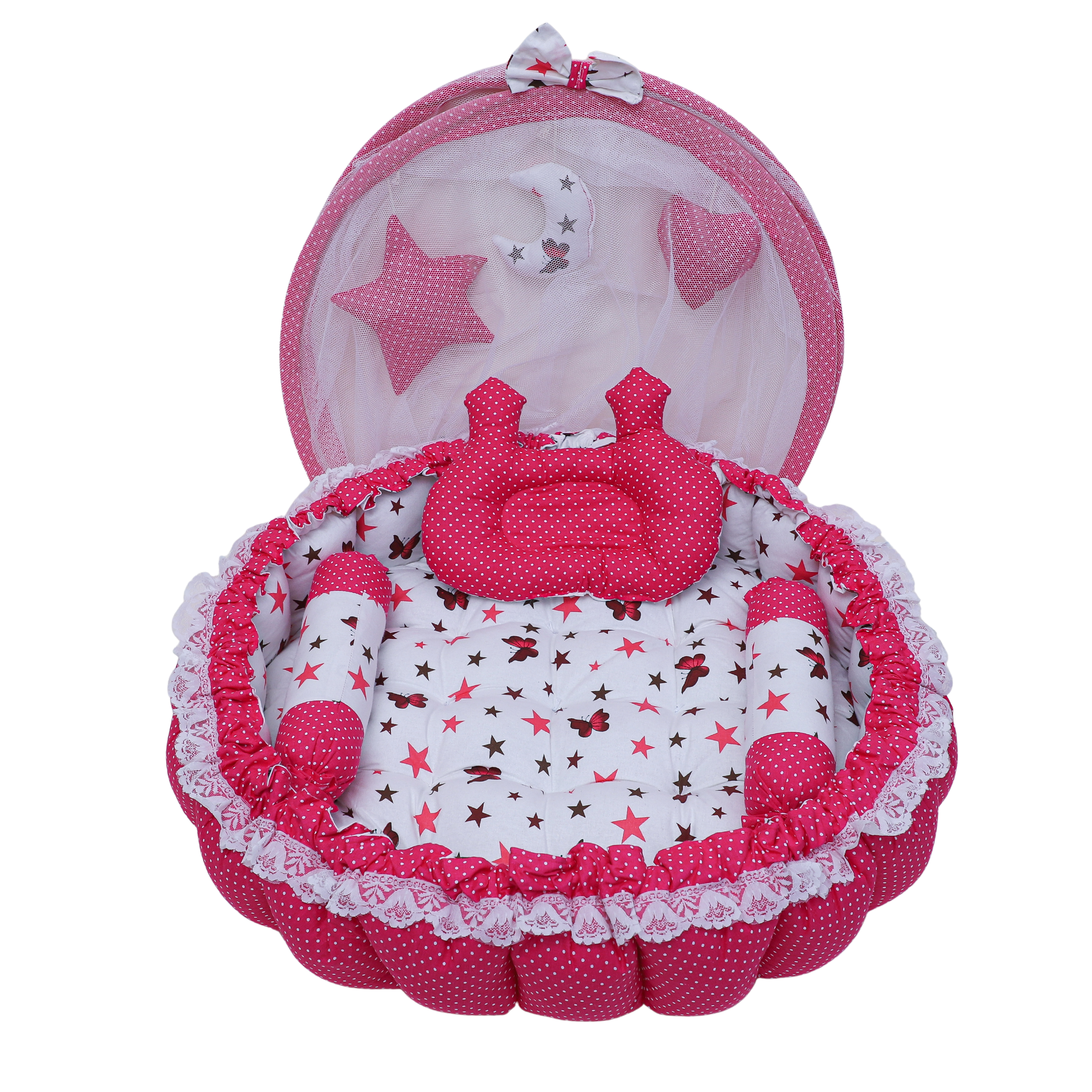 Lorem Pink 3 Pillow With Mosquito Protection Net & Round Cotton Baby Bed For 0-1 Year Bb21 - Frame Material: Flexible Fiber Frame