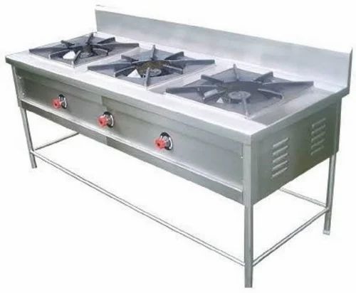 Manual Stainless Steel Three Burner Range - Stainless Steel, Silver, Gas Powered | Rectangular Shape