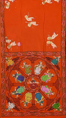 Orange Konark Chakra Nartaki Hand Painted Pattachitra Khadi Silk Saree