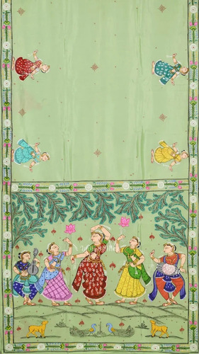 Pista Green Odishi Dancer Hand-Painted Pattachitra Khadi Silk Saree