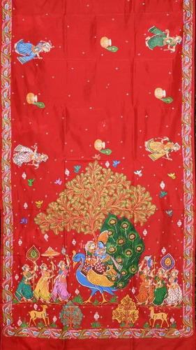 Rasaleela Theme Hand-Painted Pattachitra Mulberry Silk Saree - Mulberry Silk 6.3 Meters Red with Coffee | Mythological Rasaleela Design Festive Winter Wear