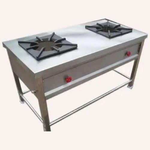 Silver Stainless Steel Two Burner Range - 40x20x12 Inch, Silver, High Pressure | Rectangular, LPG Powered